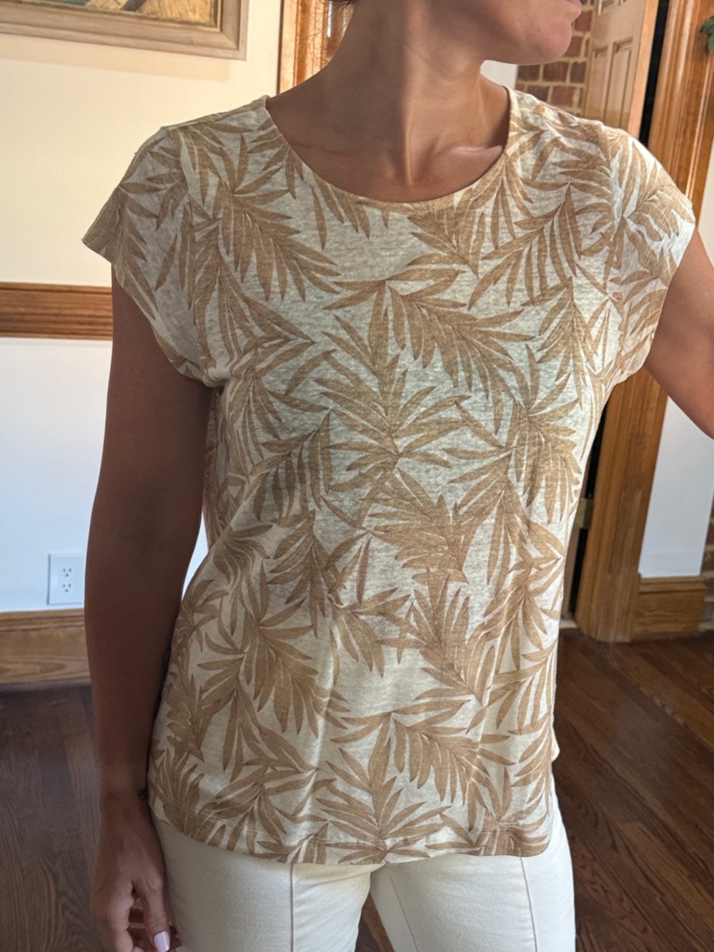 Nicole Miller Palm-Print Short Sleeve Tee in Tan and Cream